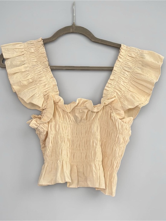 SHEIN Tops - Smocked Ruffle Flutter-Sleeve Top in Beige - Square Neck, Peasant Bohemian